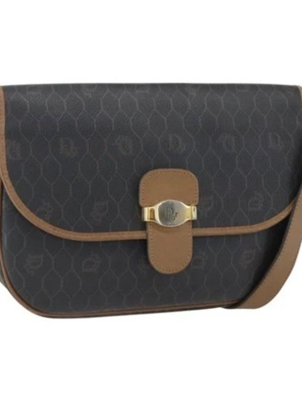 Christian Dior Honeycomb Canvas Shoulder Bag PVC Brown Gold Auth BA9924